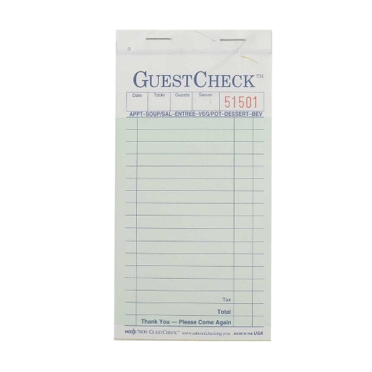 NATIONAL CHECKING 3.5 INCH X 6.75 INCH 2 PARTCARBONLESS GREEN GUEST CHECK, 1 - 2500 EA