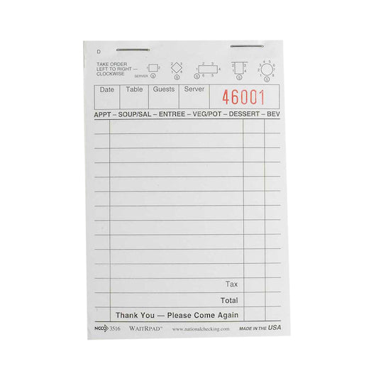 NCCO NATIONAL CHECKING WAITRPAD 3.4 INCH X 5.125 INCH 13 LINE WHITE 1 PART GUEST CHECK, 100 PER PAD,