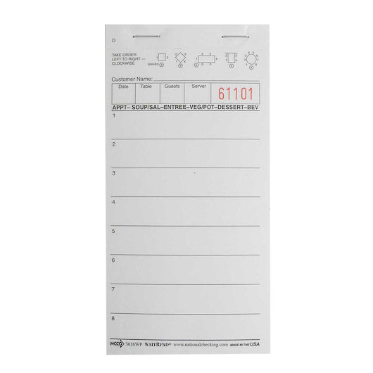 NCCO NATIONAL CHECKING WAITRPAD 3.5 INCH X 5.75 INCH 8 LINE WHITE 1 PART GUEST CHECK, 100 PER BOOK,