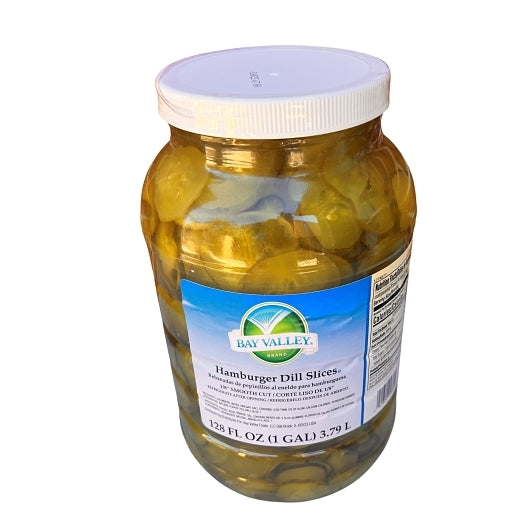 BAY VALLEY 1 GAL HAMBURGER DILL PICKLE SLICES1/8 SMOOTH CUT 614-678 COUNT-CASE OF 4