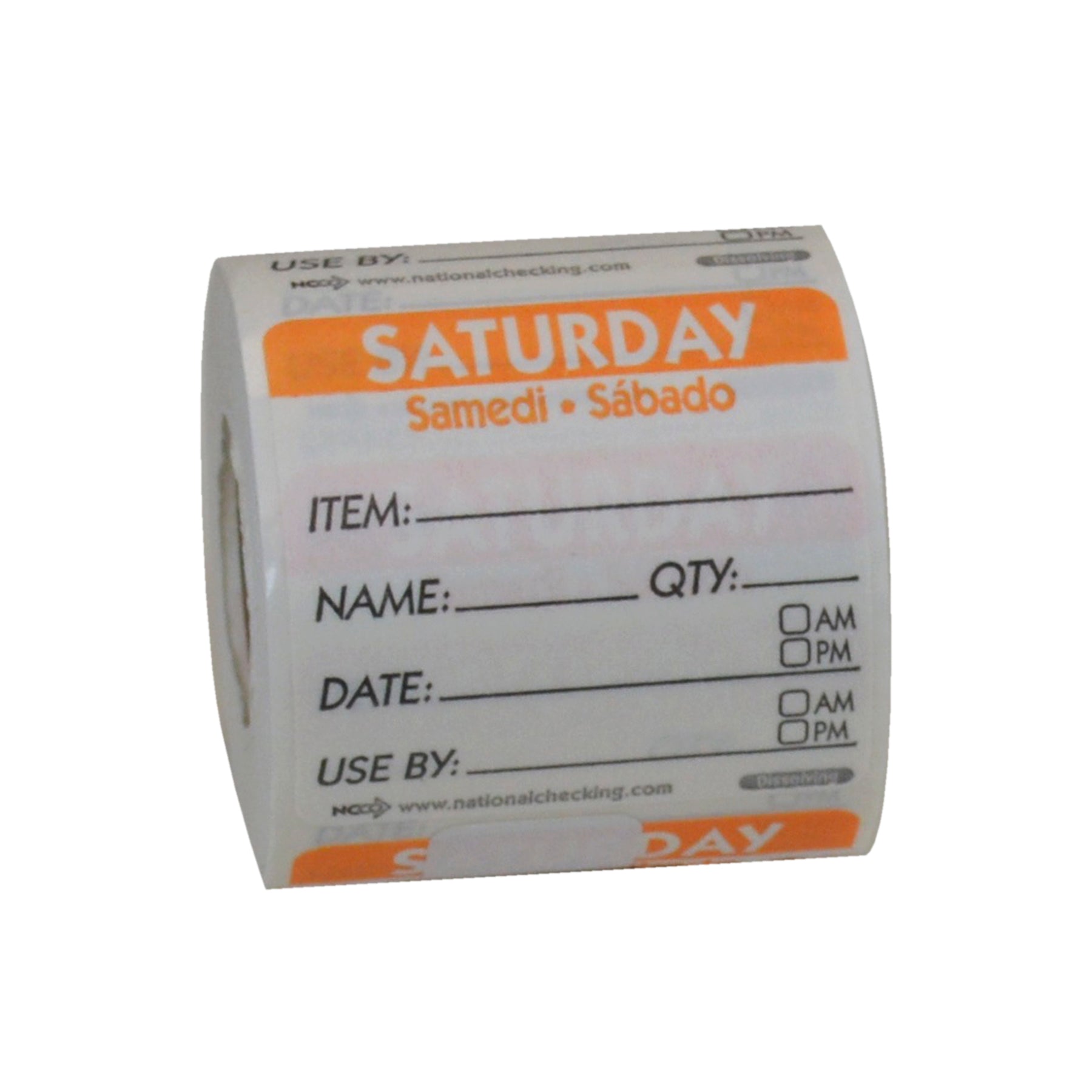 NCCO TRILINGUAL DISSOLVABLE LABELS SATURDAY 2?X2? ITEM-DATE-USE BY, 1 - 250 EA