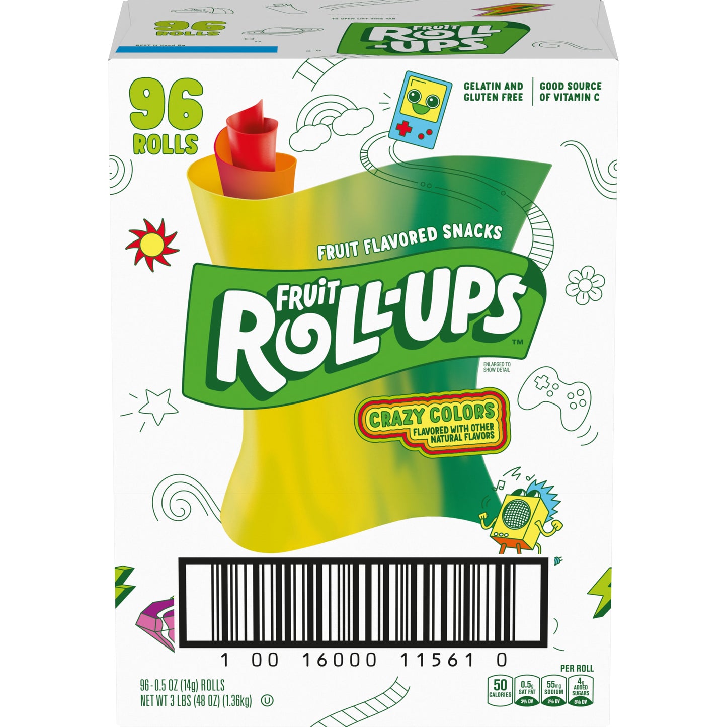 Fruit Roll-Ups Gluten Free Fruit Snacks Single Serve Pouch Crazy Colors 96/0.5 OZ