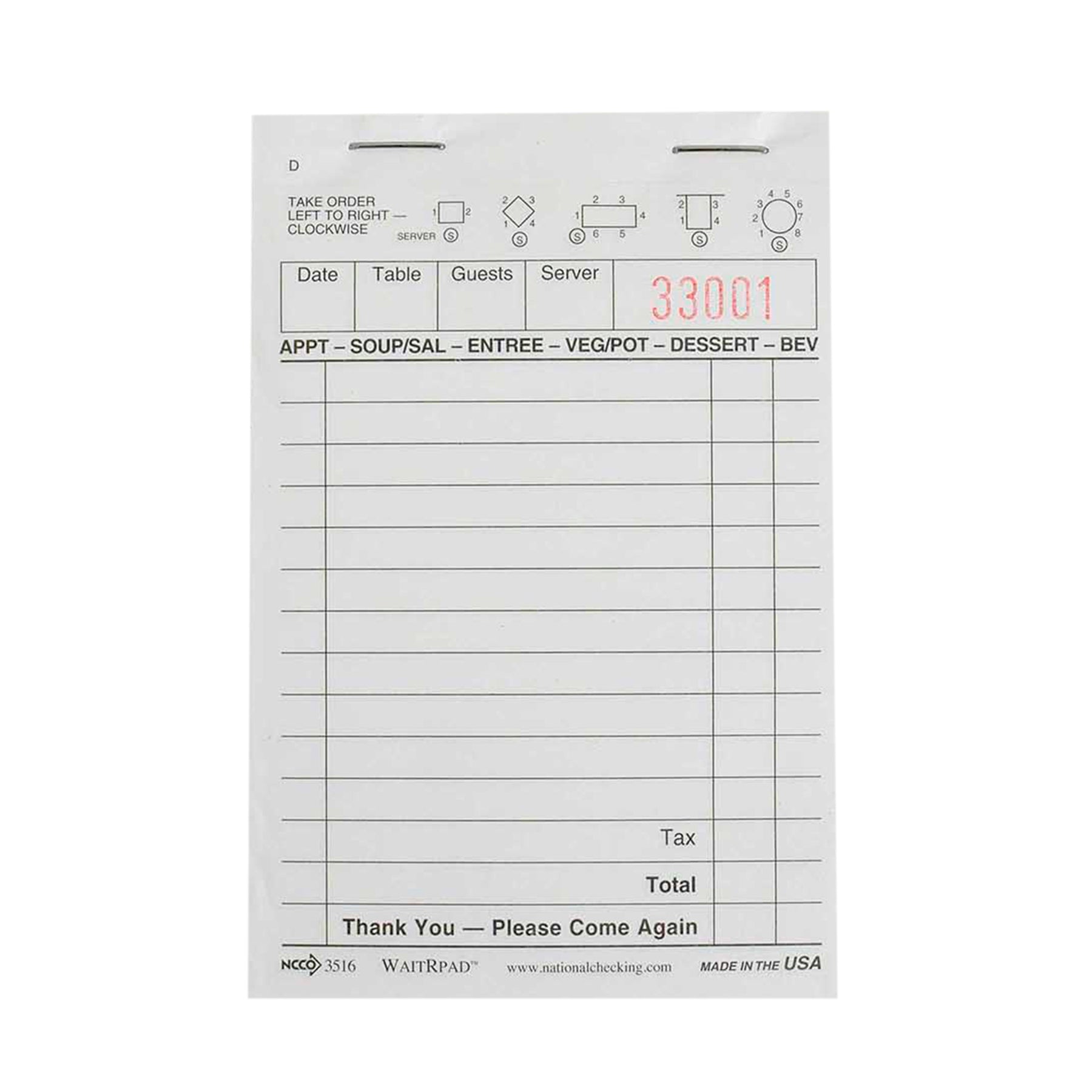 NCCO NATIONAL CHECKING WAITRPAD 3.5 INCH X 5.125 INCH 13 LINE WHITE 1 PART GUEST CHECK, 100 PER PAD,