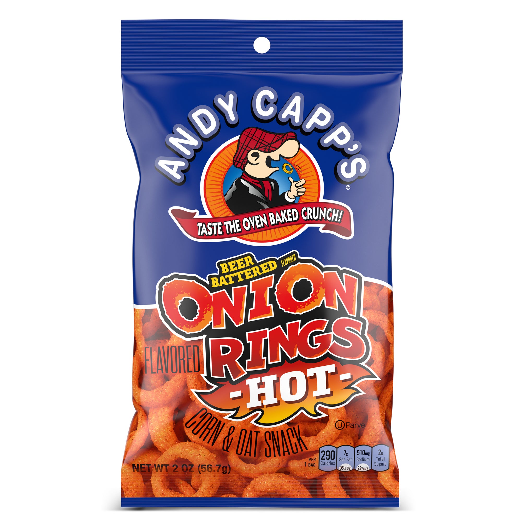 Andy Capp's Beer Battered Flavored Onion Flavored Rings Baked Oat and Corn Snacks, Hot, 2 oz. 12-pk