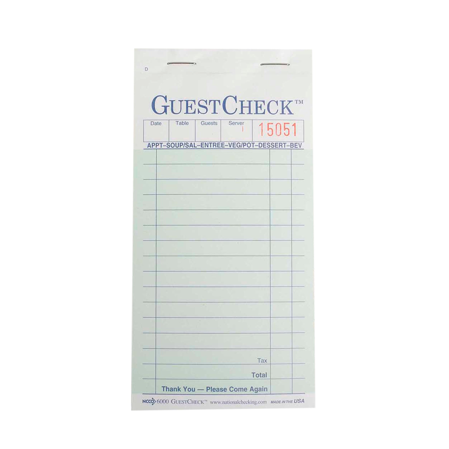 NCCO NATIONAL CHECKING COMPANY 2 PART 16 LINECARBON GREEN GUEST CHECK, 1 - 2500 EA