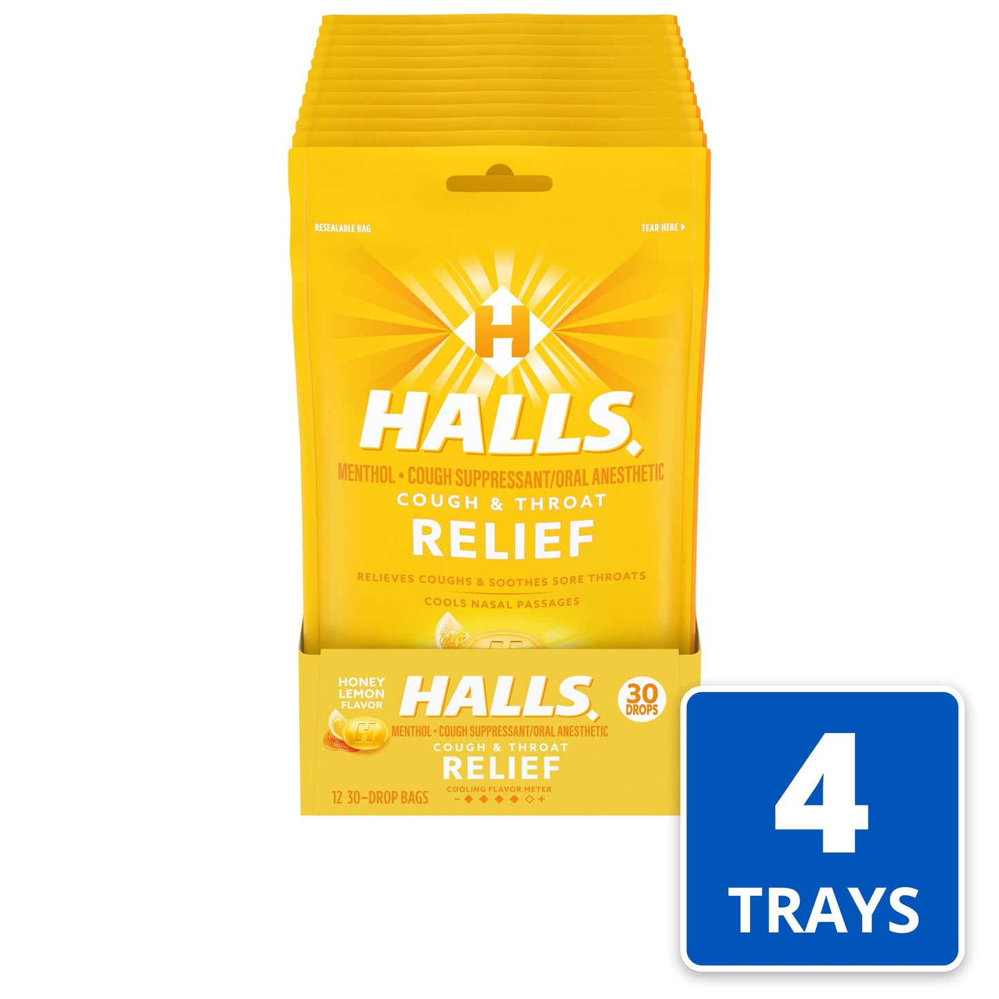 HALLS RELIEF HONEY LEMON COUGH DROPS 30 PC 4 x 12