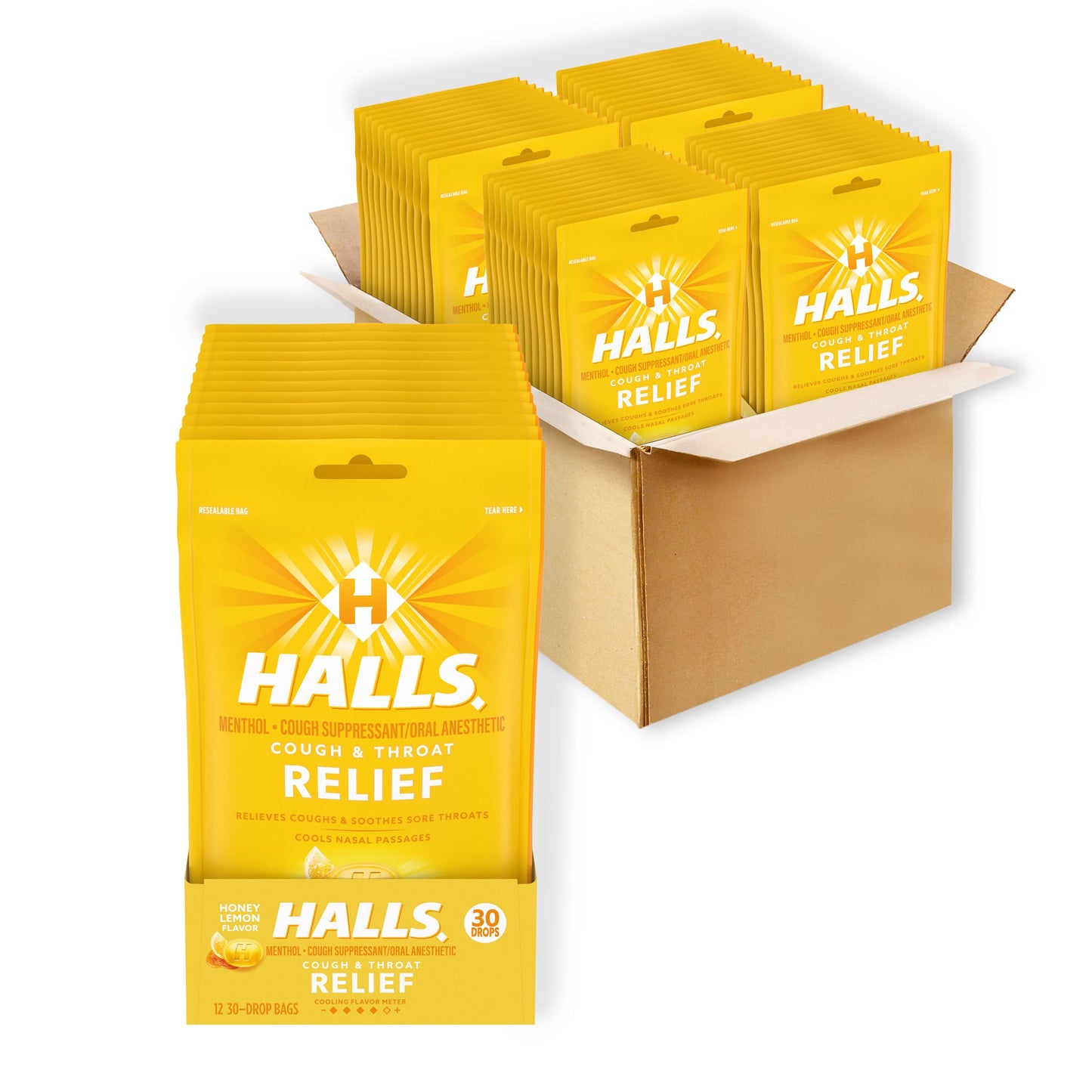HALLS RELIEF HONEY LEMON COUGH DROPS 30 PC 4 x 12
