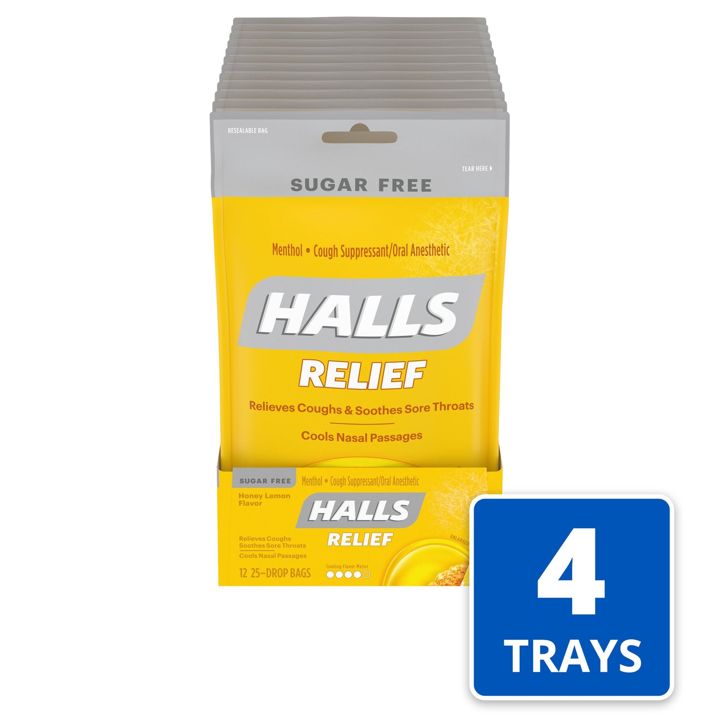 HALLS RELIEF HONEY LEMON SUGAR FREE COUGH DROPS 25 PC 4 x 12