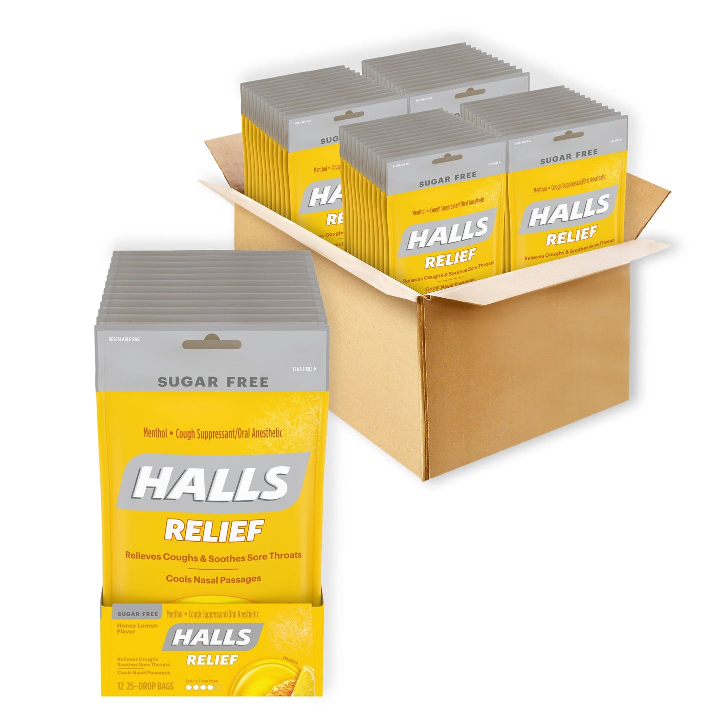 HALLS RELIEF HONEY LEMON SUGAR FREE COUGH DROPS 25 PC 4 x 12