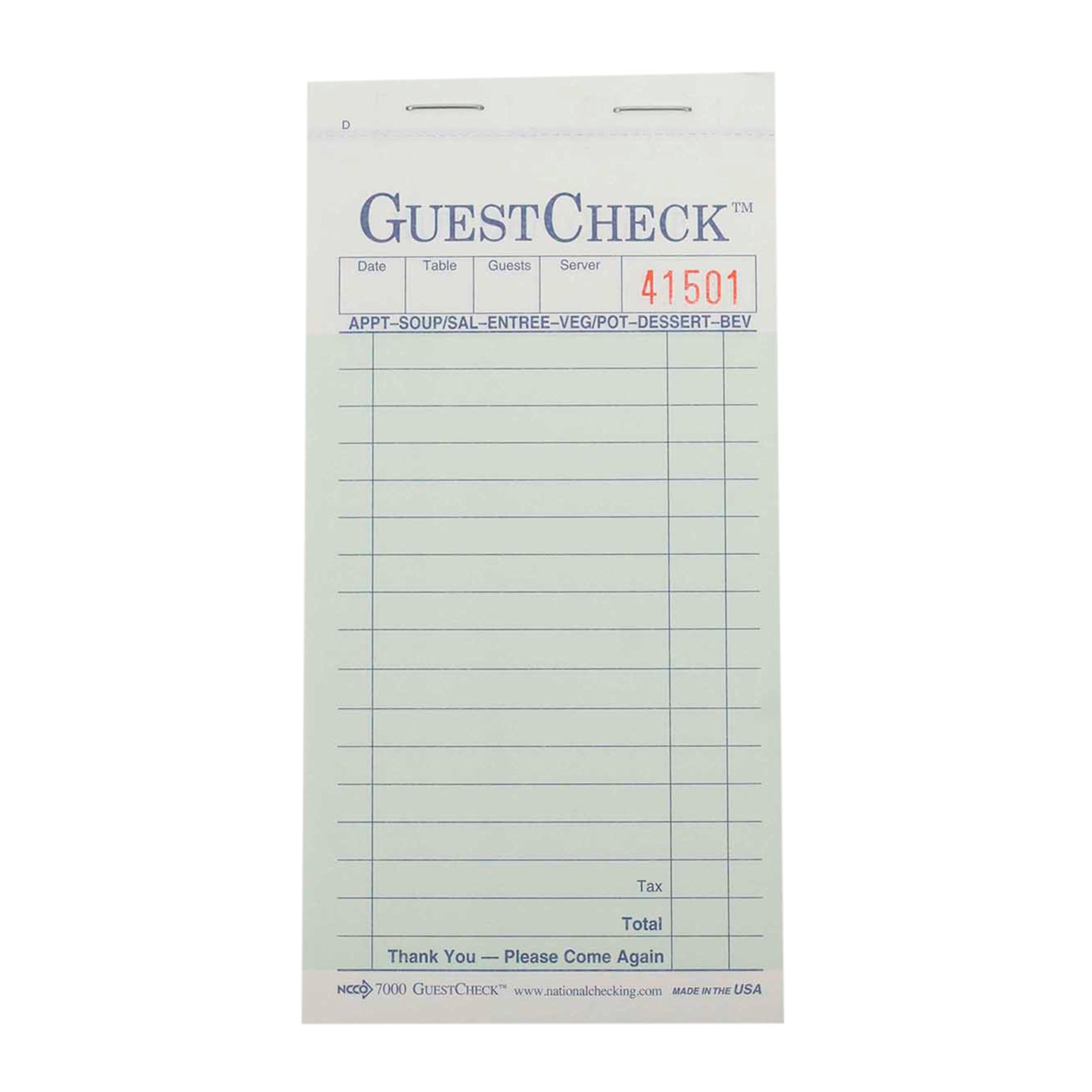 NCCO NATIONAL CHECKING 3.4 INCH X 6.75 INCH 2PART CARBONLESS GREEN 14 LINE GUEST CHECK, 1 - 2500 EA