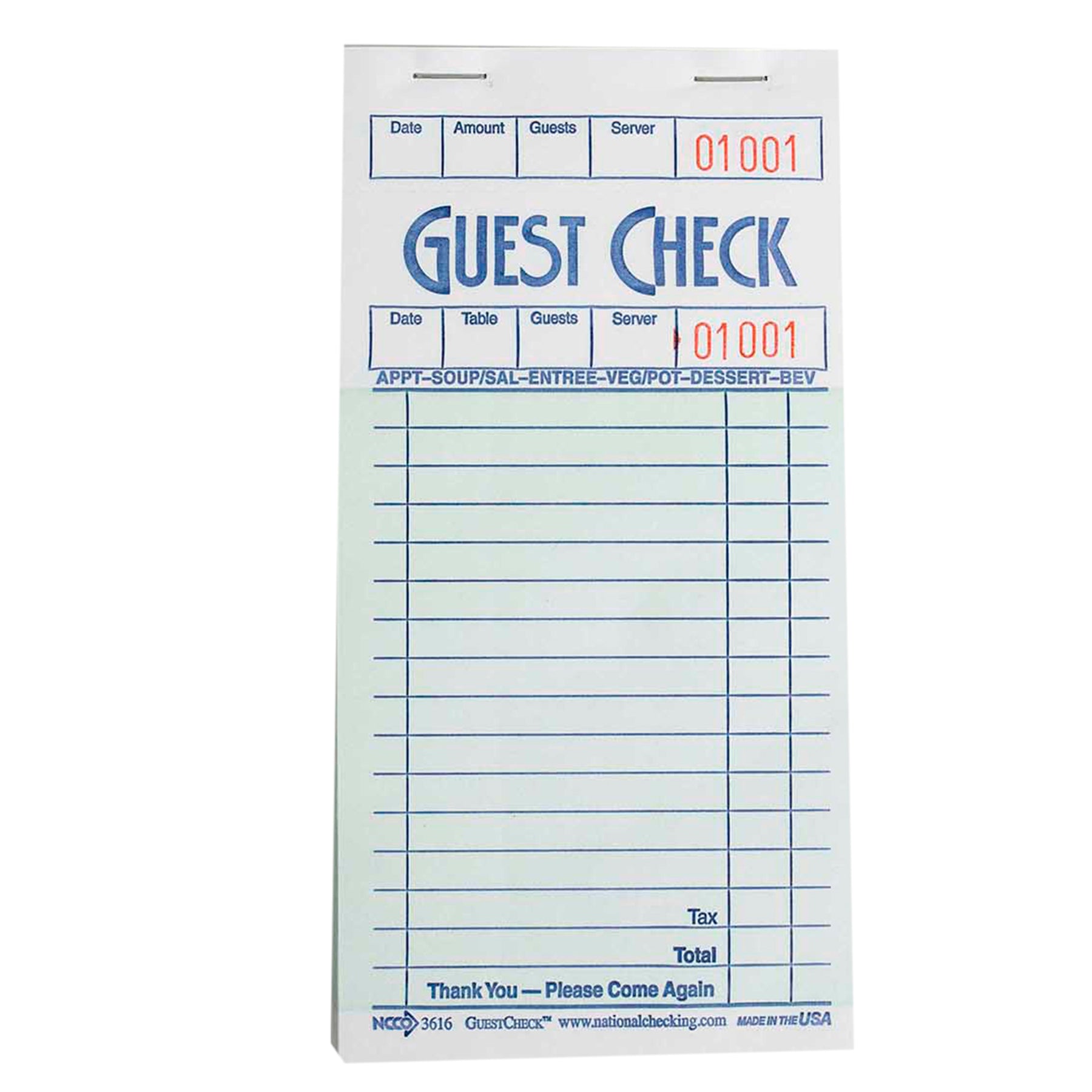 NCCO NATIONAL CHECKING COMPANY 1 PART 16 LINEGREEN GUEST CHECK, 1 - 5000 EA