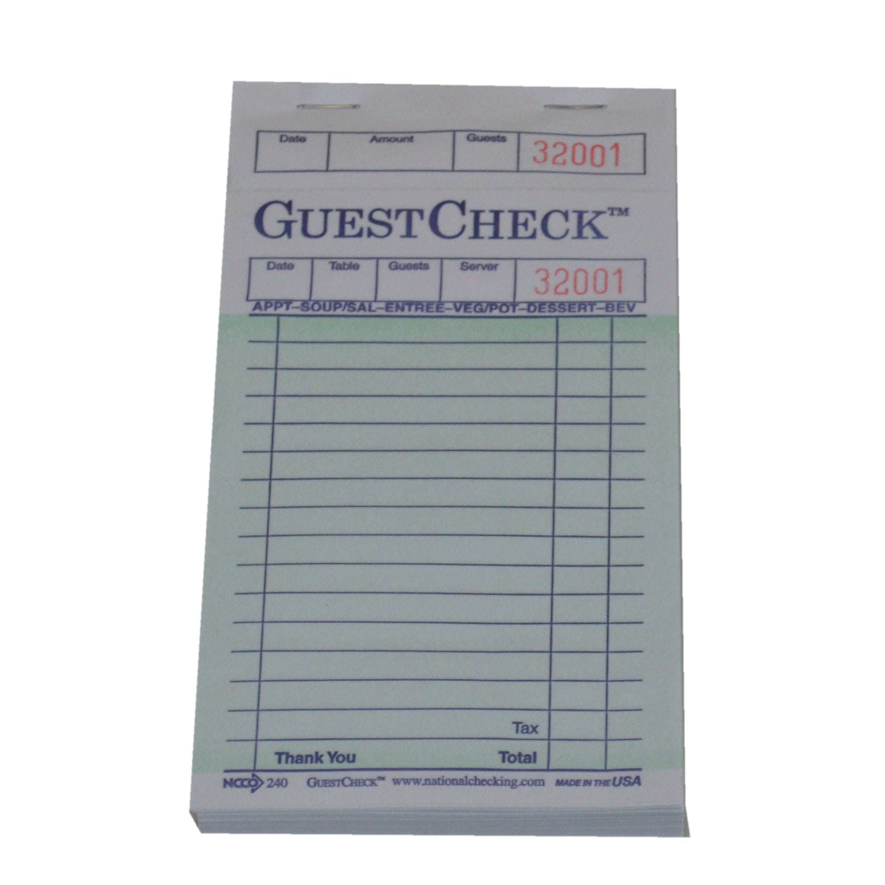 NCCO NATIONAL CHECKING GUEST CHECK 1 PART GREEN 17 LINE, 1 - 5000 EA