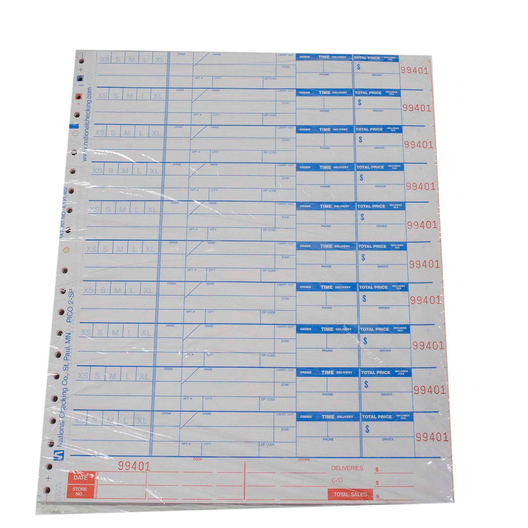 NCCO NATIONAL CHECKING 9.25 INCH X 11 INCH 4 PART CARBONLESS WHITE 10 ORDERS PIZZA ORDER FORM, 1 - 1