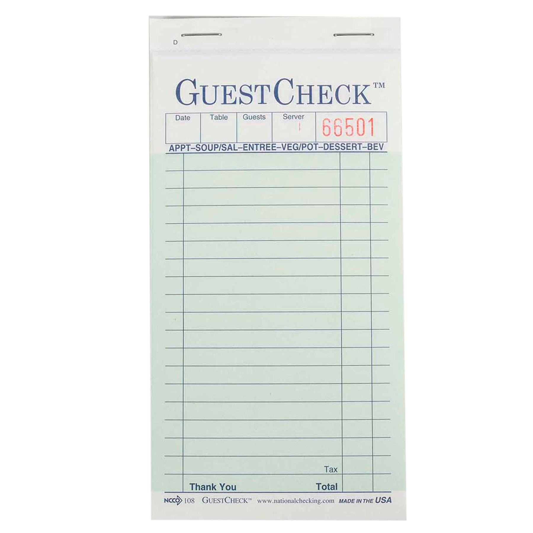 NCCO NATIONAL CHECKING 3.5 INCH X 6.75 INCH 2PART GREEN CARBONLESS 19 LINE GUEST CHECK, 1 - 2500 EA