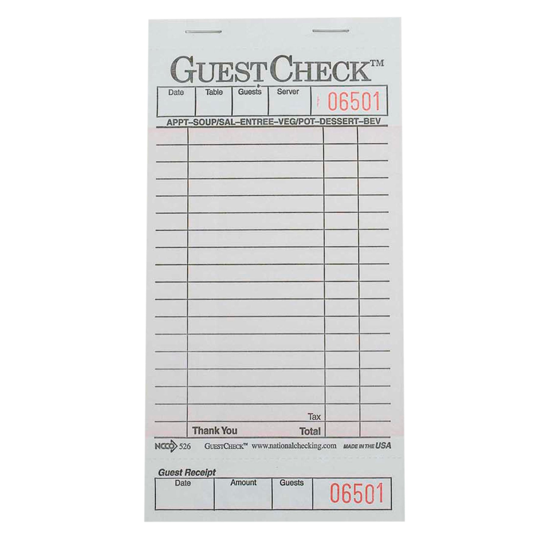 NCCO NATIONAL CHECKING 3.5 INCH X 6.75 INCH 1PART PINK 18 LINE GUEST CHECK, 1 - 2500 EA