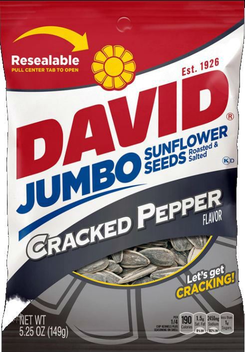 DAVID Roasted and Salted Jumbo Sunflower Seeds, Cracked Pepper Flavor, 5.25oz. (Pack of 12)