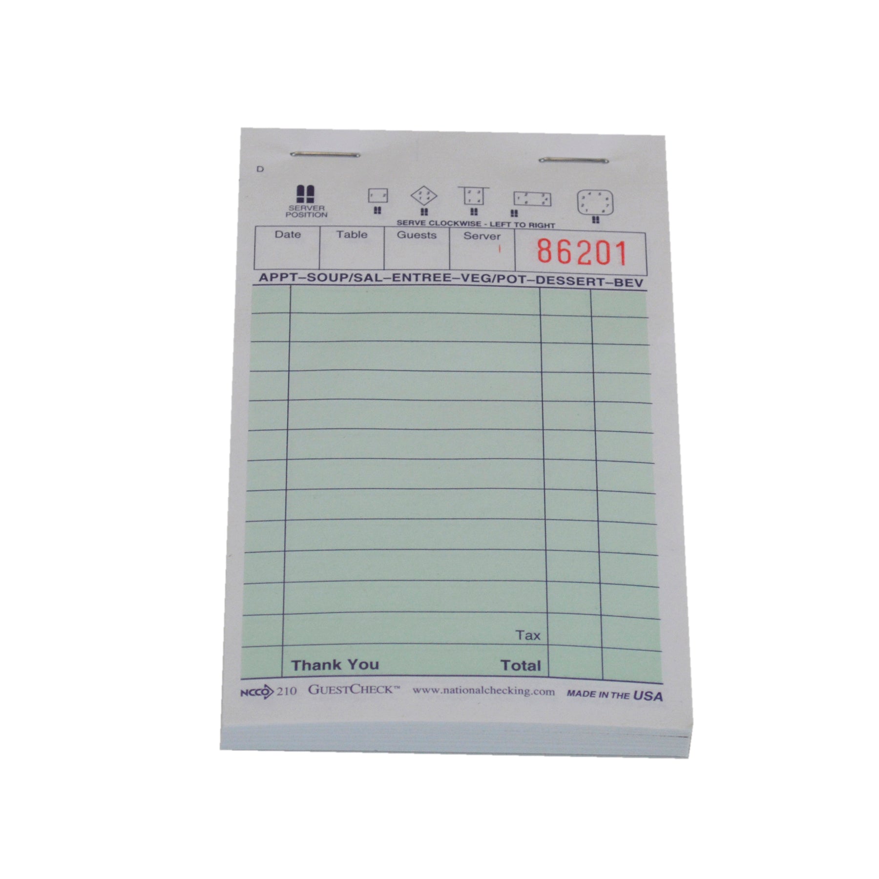 NCCO NATIONAL CHECKING 3.5 INCH X 5.5 INCH 1 PART GREEN 13 LINE GUEST CHECK, 100 PER BOOK,1 - 10000