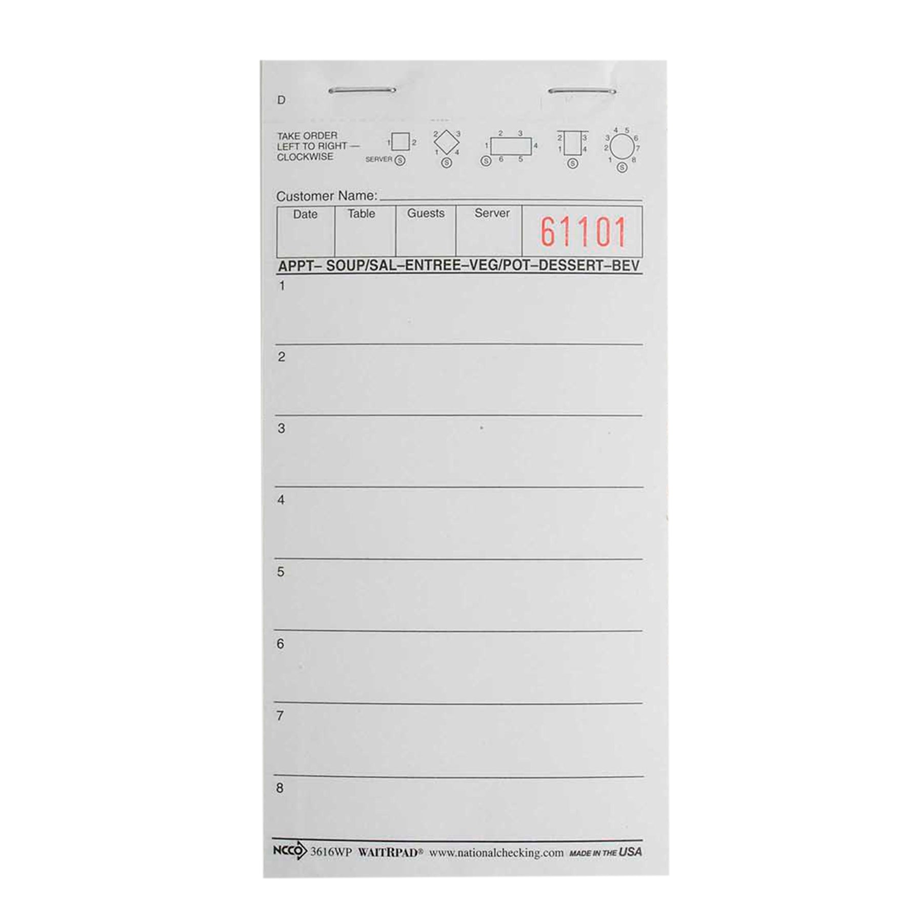 NCCO NATIONAL CHECKING WAITRPAD 3.5 INCH X 5.75 INCH 8 LINE WHITE 1 PART GUEST CHECK, 100 PER BOOK,