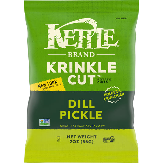 Kettle Brand Potato Chips, Krinkle Cut, Dill Pickle Kettle Chips, Snack Bag 2 Oz