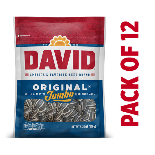 DAVID Roasted and Salted Jumbo Sunflower Seeds, Original Flavor, 5.25oz. (Pack of 12)